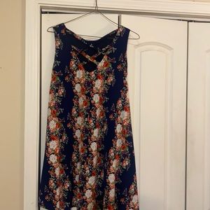 A-frame navy blue flowered dress crisscross back
